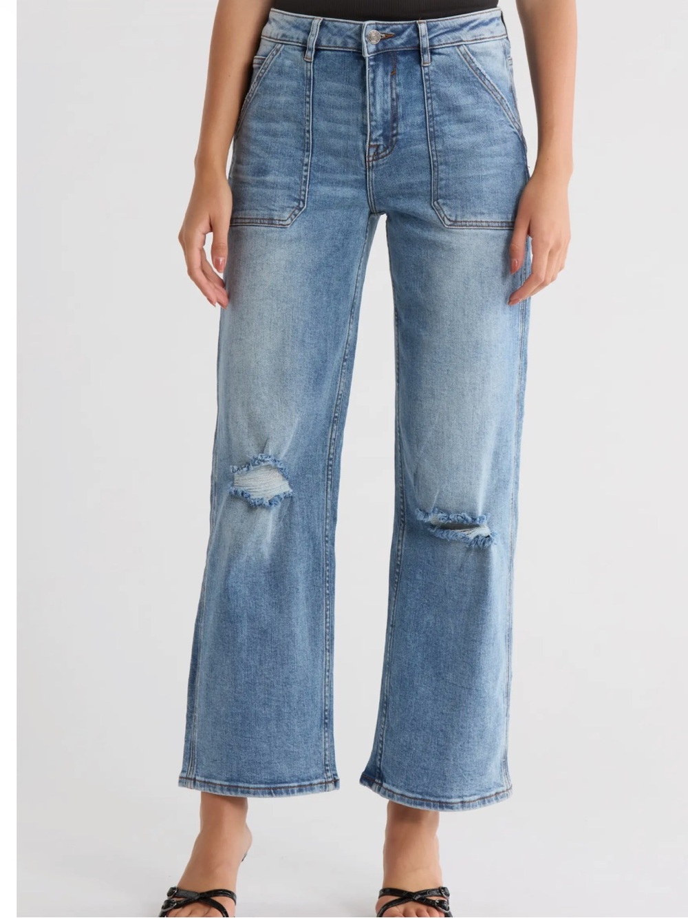 Vigoss NWOT ($74.00) Ripped Baggy Straight Leg Utility Jeans in Medium Blue